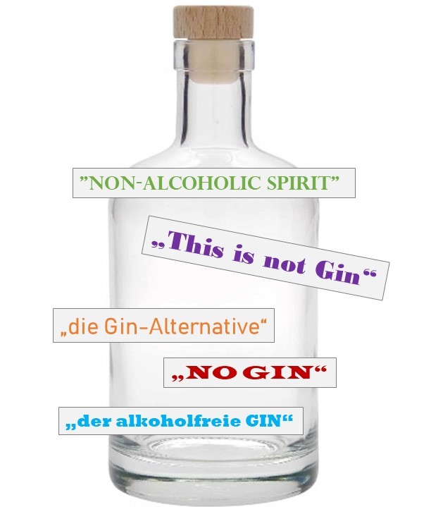 Das Bild zeigt eine Glasflasche mit unzulässigen Spirituosenbezeichnungen wie z.B. This is not Gin und der alkoholfreie Gin